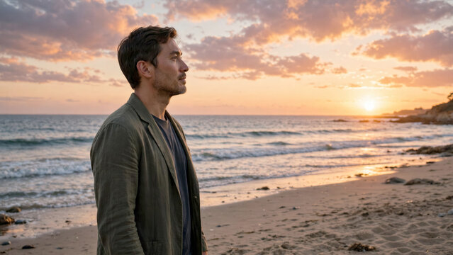 Man looking at a beautiful ocean sunset with empty hands not taking photos representing being present
