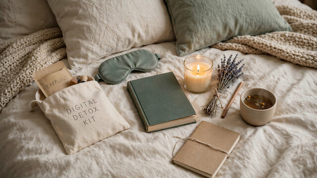 Digital detox kit on a bed with a book candle and sleep mask for evening relaxation and screen free time