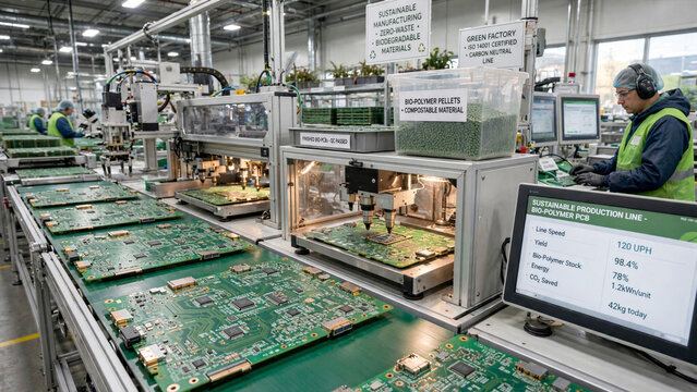 Industrial assembly line producing green bio polymer motherboards for sustainable electronics manufacturing