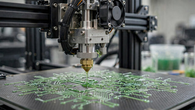Industrial 3D printer nozzle creating a circuit with liquid bio resin for sustainable electronic prototypes