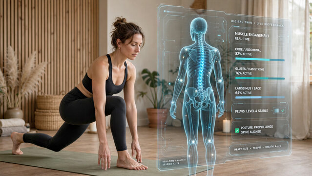 Woman doing yoga with a digital twin avatar showing spinal alignment and muscle engagement in real time