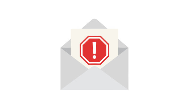 White envelope containing a document with a red stop sign and white exclamation mark to represent email alert or warning.