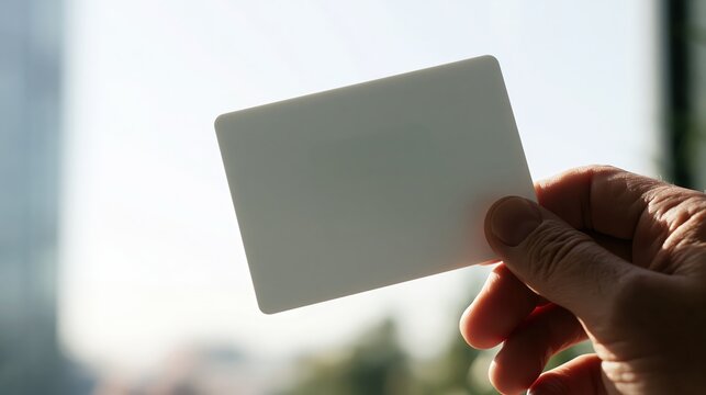 Extreme close up of a blank white access card held against a door reader in a restrained editorial style with open space