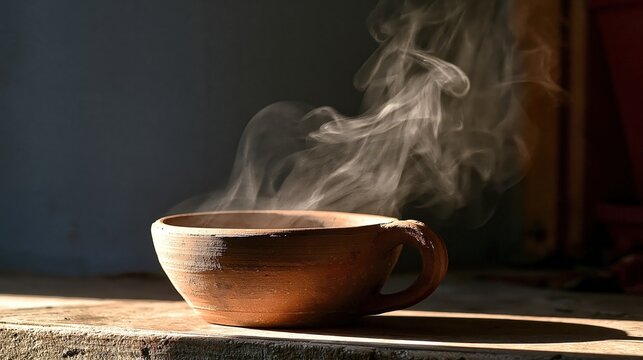Extreme close up of steam curling off the thick rim of an unglazed cup with soft natural light and generous copy space