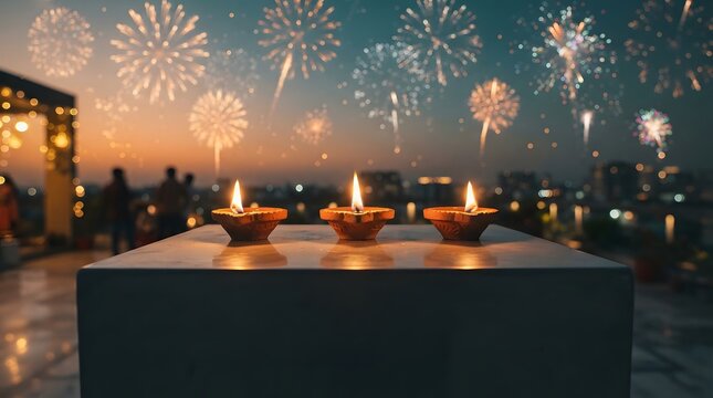 Three traditional clay diya lamps glowing on a rooftop terrace during a festive celebration with fireworks in the night sky
