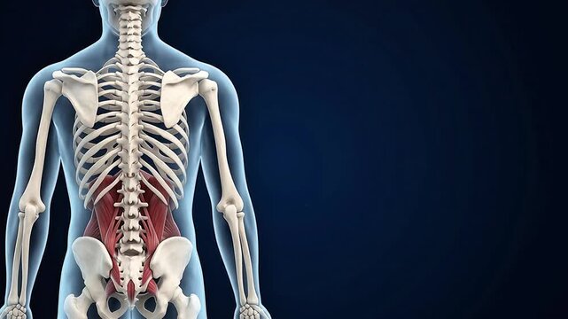 3D Medical Illustration of Lower Back Muscles and Lumbar Spine Anatomy