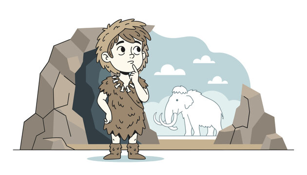 Playful cartoon illustration of a caveman standing thoughtfully near a cave with a giant mammoth in the distance.