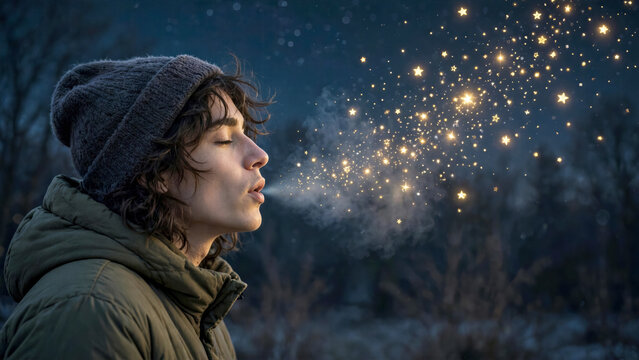 Person whispering a wish with breath turning into tiny glowing golden stars floating into the night sky