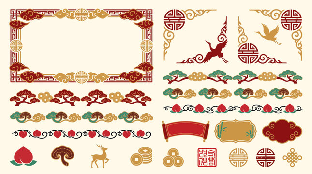 Chinese Longevity Shou Frame Border Ornamental Decorative Set