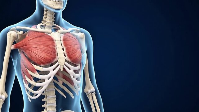 3D Medical Illustration of Pectoral Chest Muscles and Rib Cage Skeleton