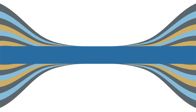 Elegant horizontal wave design featuring parallel blue, grey, and gold stripes tapering into a thin middle band on a white background.