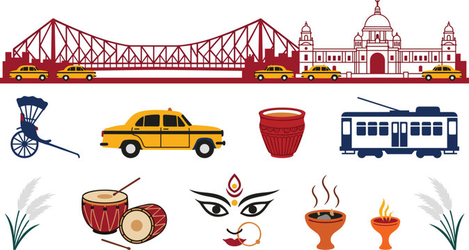 Kolkata city heritage culture and durga puja festival vector illustration element set featuring howrah bridge victoria memorial yellow taxi tram hand pulled rickshaw and dhak.