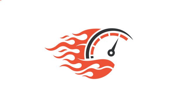 High-speed speedometer graphic fading into bright orange flames, representing extreme speed, acceleration, and powerful performance.