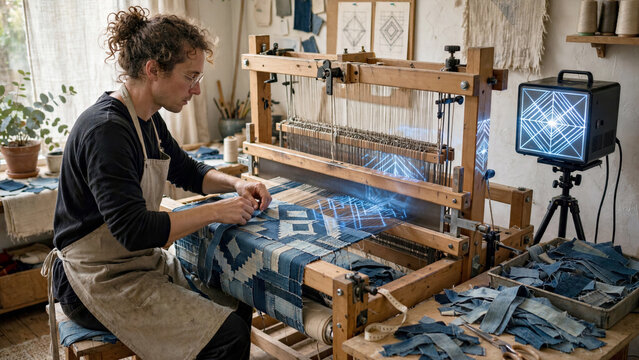Artist weaving high end textile artwork from strips of old denim using custom loom and pattern projector