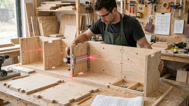 Furniture designer using laser alignment jig to assemble modular flat pack bookshelf units from plywood
