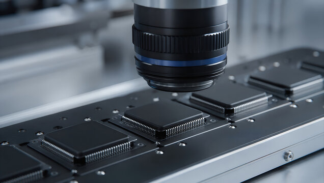 Semiconductor chip inspection under microscope on automated manufacturing equipment