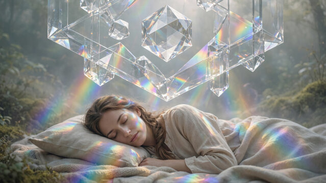 Conceptual shot of a serene woman sleeping under a floating transparent crystal structure refracting rainbow light