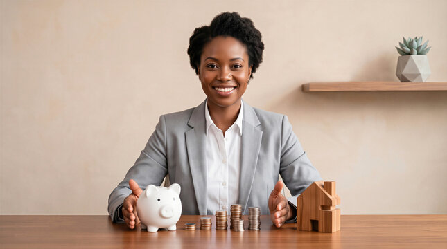 Smiling businesswoman with piggy bank, rising coin stacks, and wooden house. Financial savings and real estate investment 