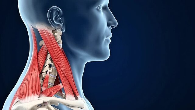 3D Medical Illustration of Deep Cervical Neck Muscles and Spinal Anatomy