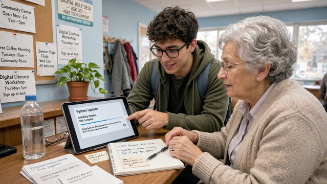 Tech savvy youth helping elderly neighbor upgrade a tablet at local community center digital help desk