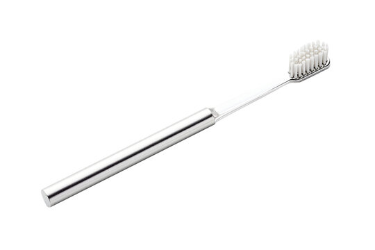 Minimalistic of white toothbrush with silver handle sleek modern isolated on cutout PNG or transparent background. Emphasizing hygiene and simplicity. For product. Dental cleaning equipment or tooth.