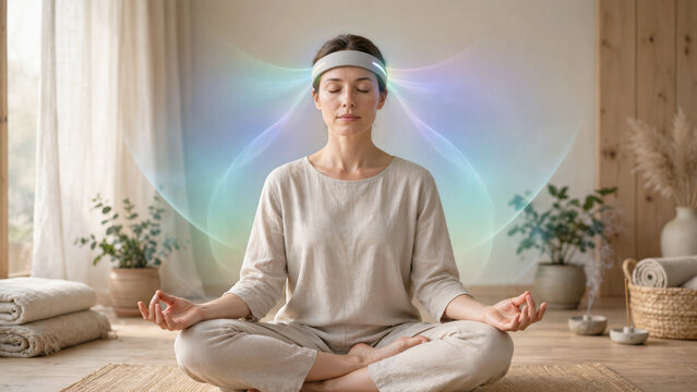 Woman practicing yoga wearing minimalist headband projecting calming color gradients based on focus level