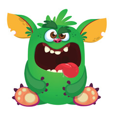 Fototapeta premium Funny Halloween monster character with horns waving hands isolate