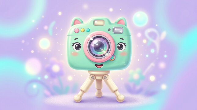 Cute cartoon camera with cat ears on a tripod against a soft pastel purple background.