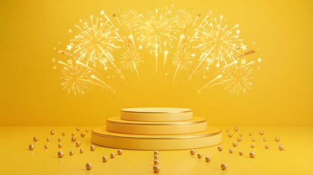 Empty yellow product display podium with golden fireworks and scattered spheres for festive celebration or award presentation