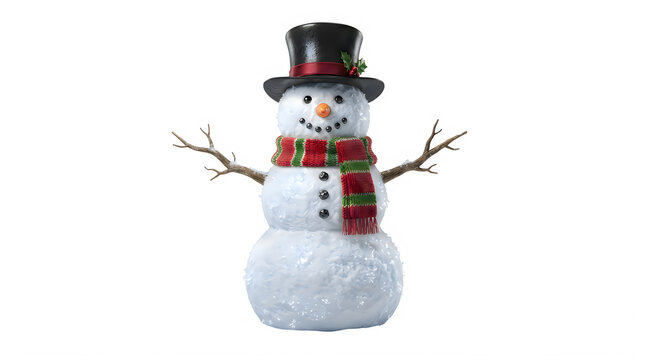 Happy snowman wearing a black top hat and a festive red and green winter scarf for christmas
