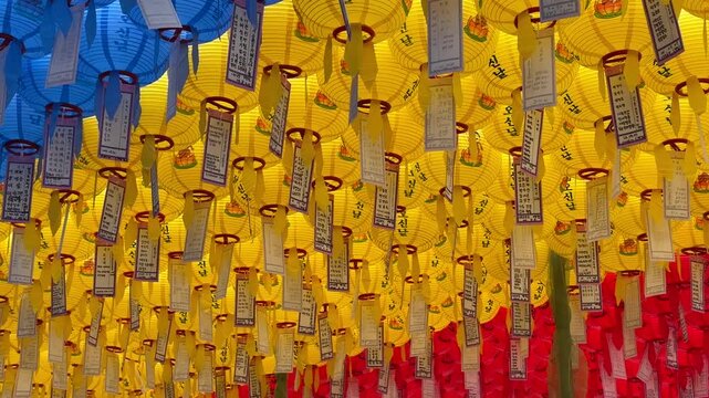 Vibrant display of colorful lanterns hanging in Gyeongju South Korea