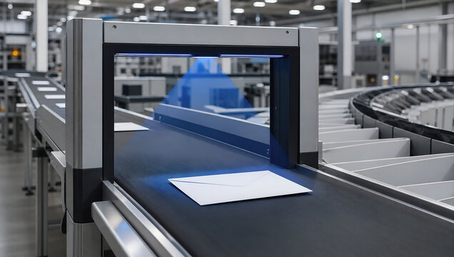 Automated conveyor scanner handling white envelope in modern sorting facility
