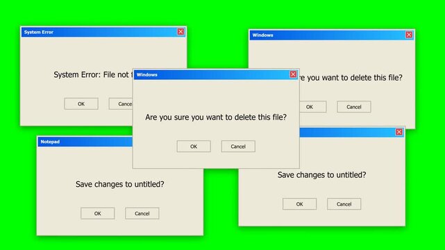 A 2D animation displays a cluster of overlapping retro computer operating system pop-up windows, including error messages and save confirmations, against a green screen background