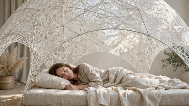 Professional photo of a person sleeping comfortably under an architectural airy dome woven from white threads