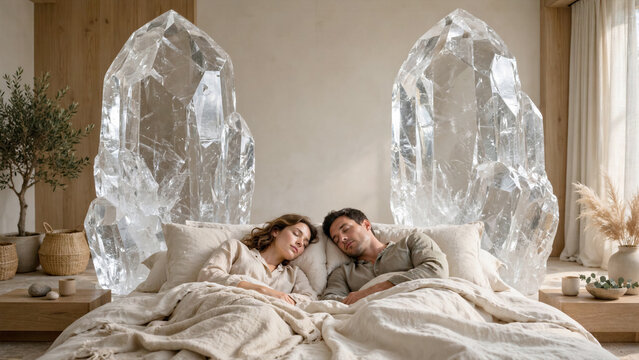 High end wellness stock photo of a couple sleeping between two monumental monoliths of transparent rock crystal
