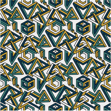 Seamless Geometric Optical Illusion Pattern with Interlocking Impossible Shapes and Cubes in Retro Color Palette