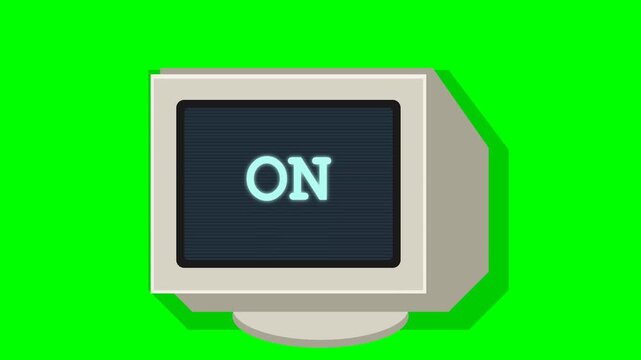 A 2D isometric animation shows a retro CRT computer monitor with scanline effects, transitioning its screen from a brightly glowing 'ON' state to a dark 'OFF' display against a green screen background
