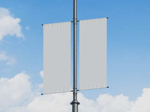Realistic 3D Render Outdoor Double Street Pole Banner Mockup Against Blue Sky. Clean Urban Street Pole Hanging Display Banner Mockup with Clouds Background