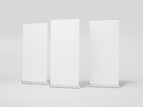 3D Render Triple Roll Up Banner Stand Mockup on White Studio Background. Modern Exhibition Retractable Roll Up Standee Banner Mockup Template for Event
