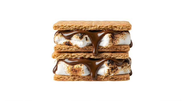 Two delicious s'mores sandwich with melting chocolate and toasted marshmallow between graham crackers