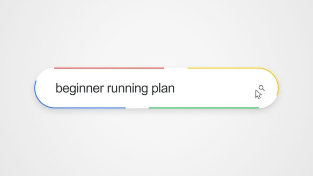 Close-up view of typing "beginner running plan" into an online search bar with a cursor clicking the search icon, illustrating internet search and introductory fitness research