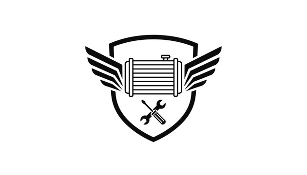 Car service and radiator repair emblem showing a radiator with wings, crossed wrench, and screwdriver inside a shield.