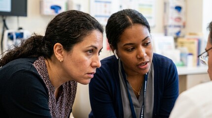 Fototapeta premium Parent and Interpreter Both Leaning in during a Pediatric Consultation