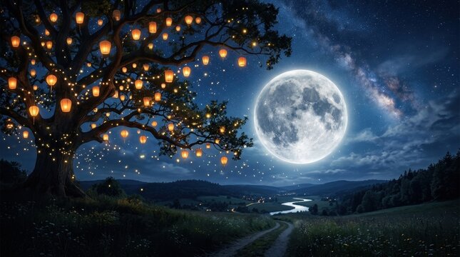 Mid autumn festival landscape featuring large tree decorated with glowing lanterns, huge full moon, starry sky with Milky Way and winding path through valley.