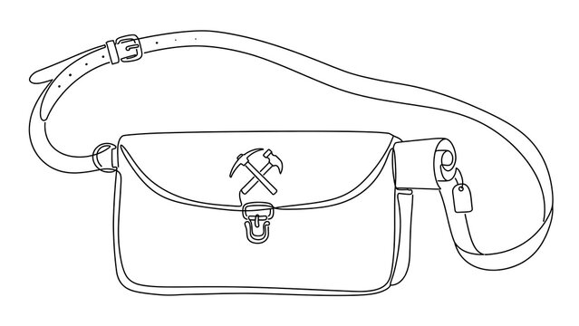 Illustrated crossbody bag with hammer symbol white background.