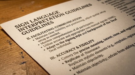 Naklejka premium Sign Language Interpretation Guidelines Being Reviewed on a Printed Reference Sheet