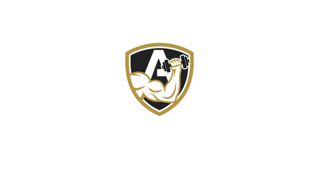 Muscular bicep arm holding a dumbbell inside a gold and black shield with the letter A for a gym fitness logo.
