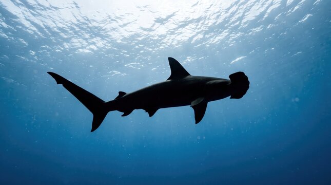 Hammerhead shark swimming in the deep blue ocean