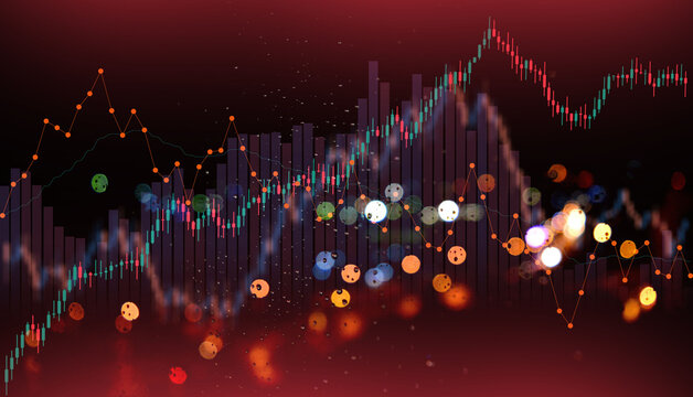 Professional financial stock market analysis display with dark purple bar graphs and vibrant candlestick trends on a dark red background
