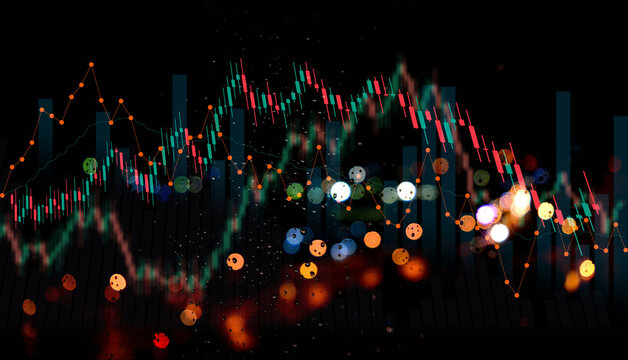 Sophisticated financial data visualization with dark teal bar charts and intricate candlestick patterns over a blurred bokeh backdrop